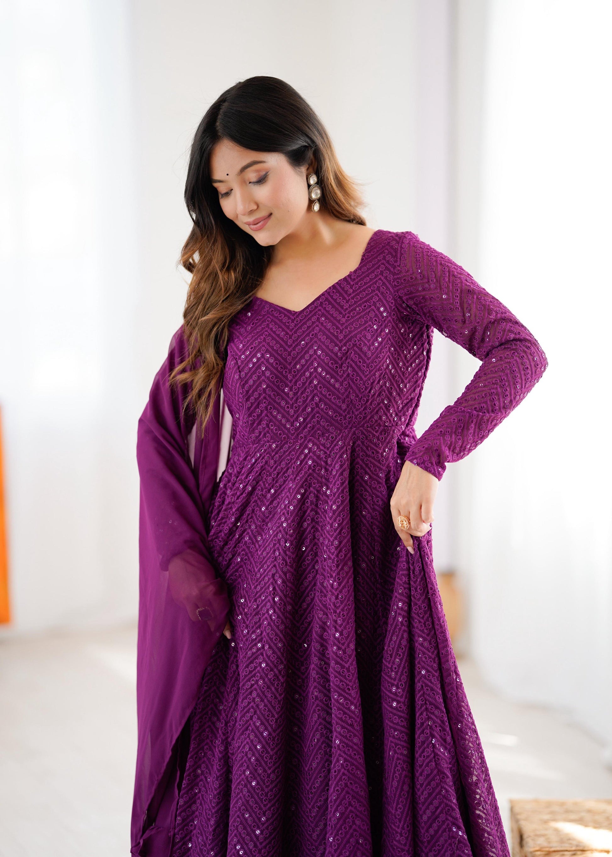 Evanik Wine Heavy Faux Georgette With Lucknowi Work Anarkali Suit