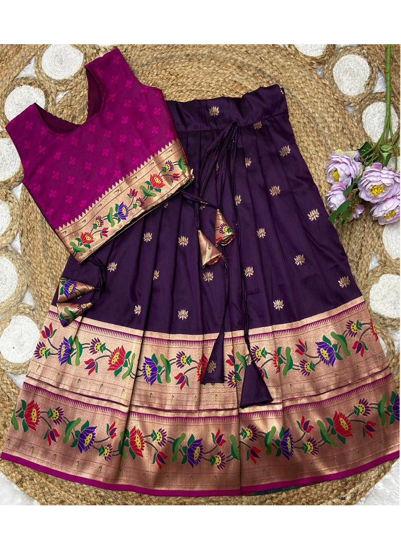 Evanik Purple Kids Paithani Silk Lotus Pattern Lehenga Choli