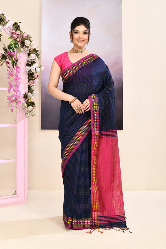 Piyari Fashion Women's Navy Blue Embellished Cotton Blend Jamdani Saree