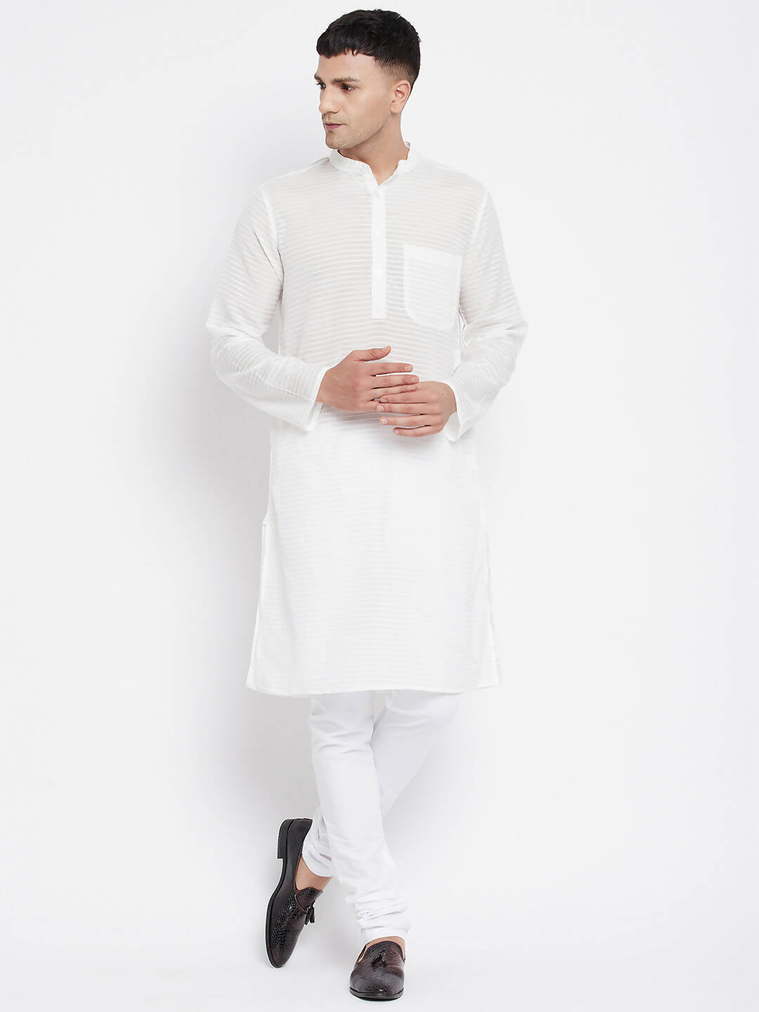 Even Apparels Pure Cotton Men's Kurta With Band Collar in White Color 