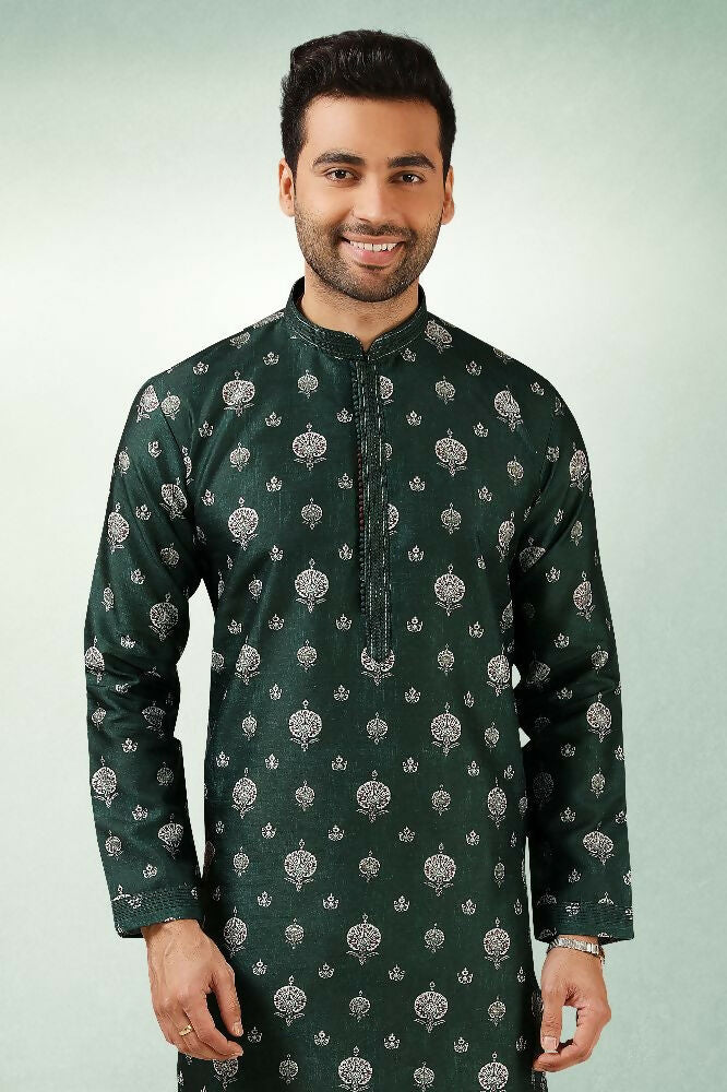 Raivat Ethnic Art Silk Printed Work Kurta Pajama In Green Colour