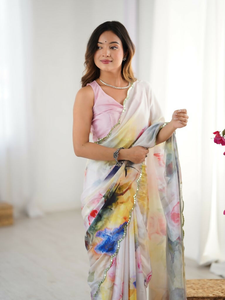 Multi Chinon Designer Digital Printed,Mirror Cut Work Saree - Elayna
