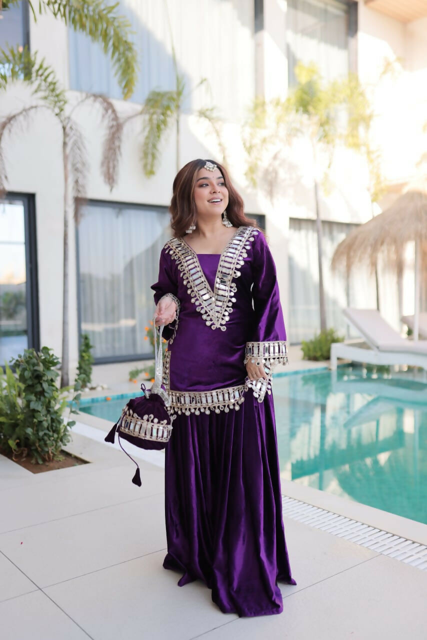 Joban Fashion Purple Kurta Set Velvet Embroidery Sequence Work