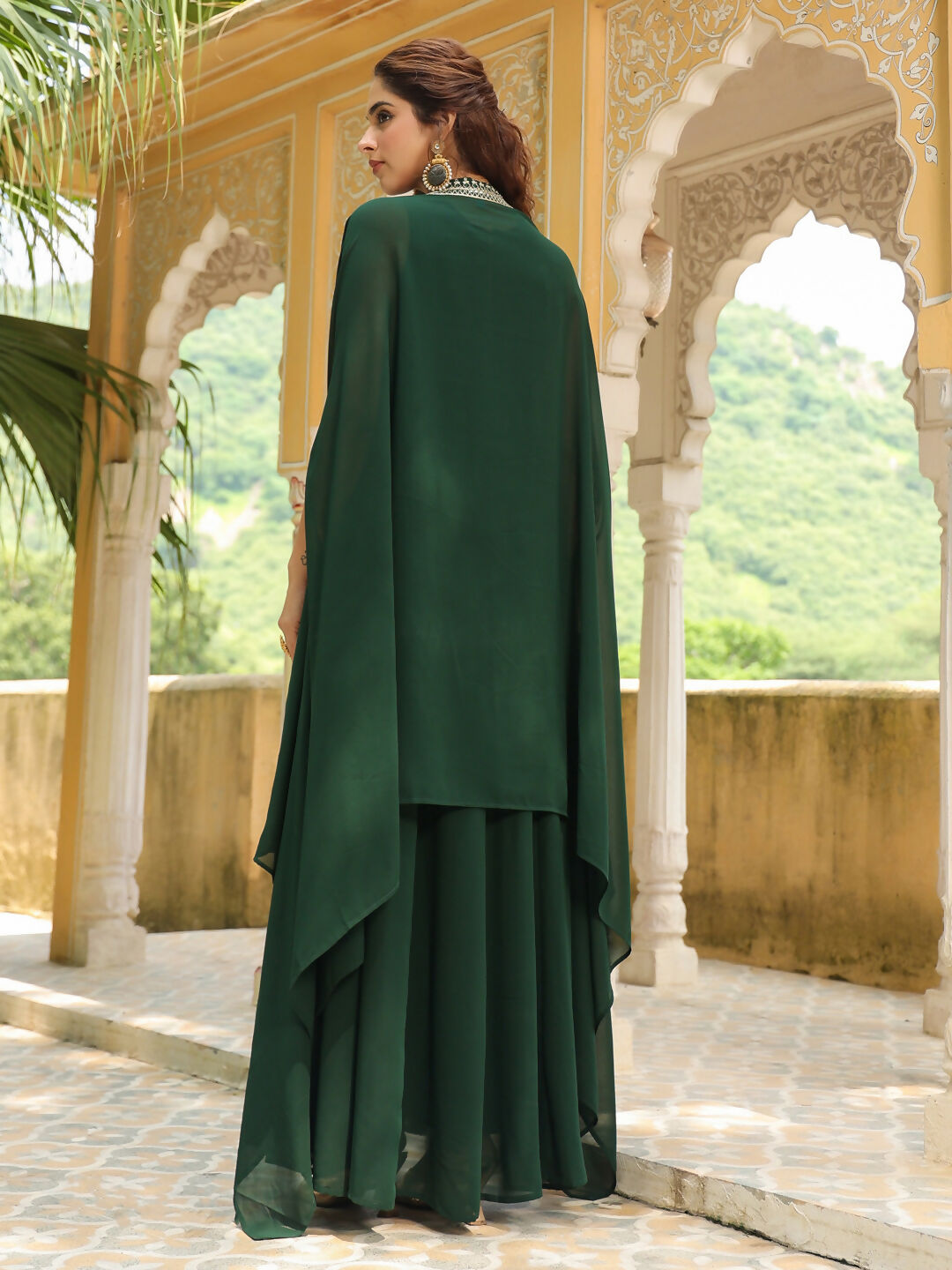 Janasya Dark Green Georgette Embroidered Dress & Jacket 