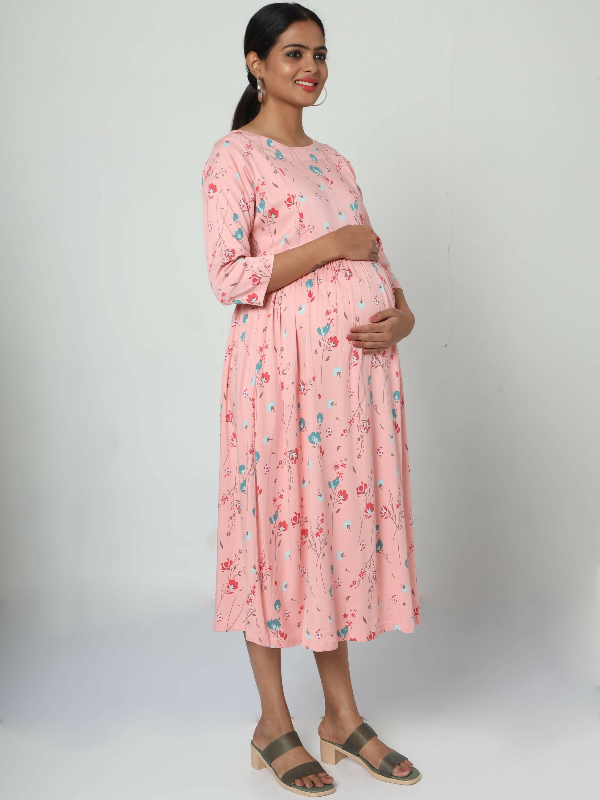 Manet Three Fourth Maternity Dress Floral Print With Concealed Zipper Nursing Access - Peach