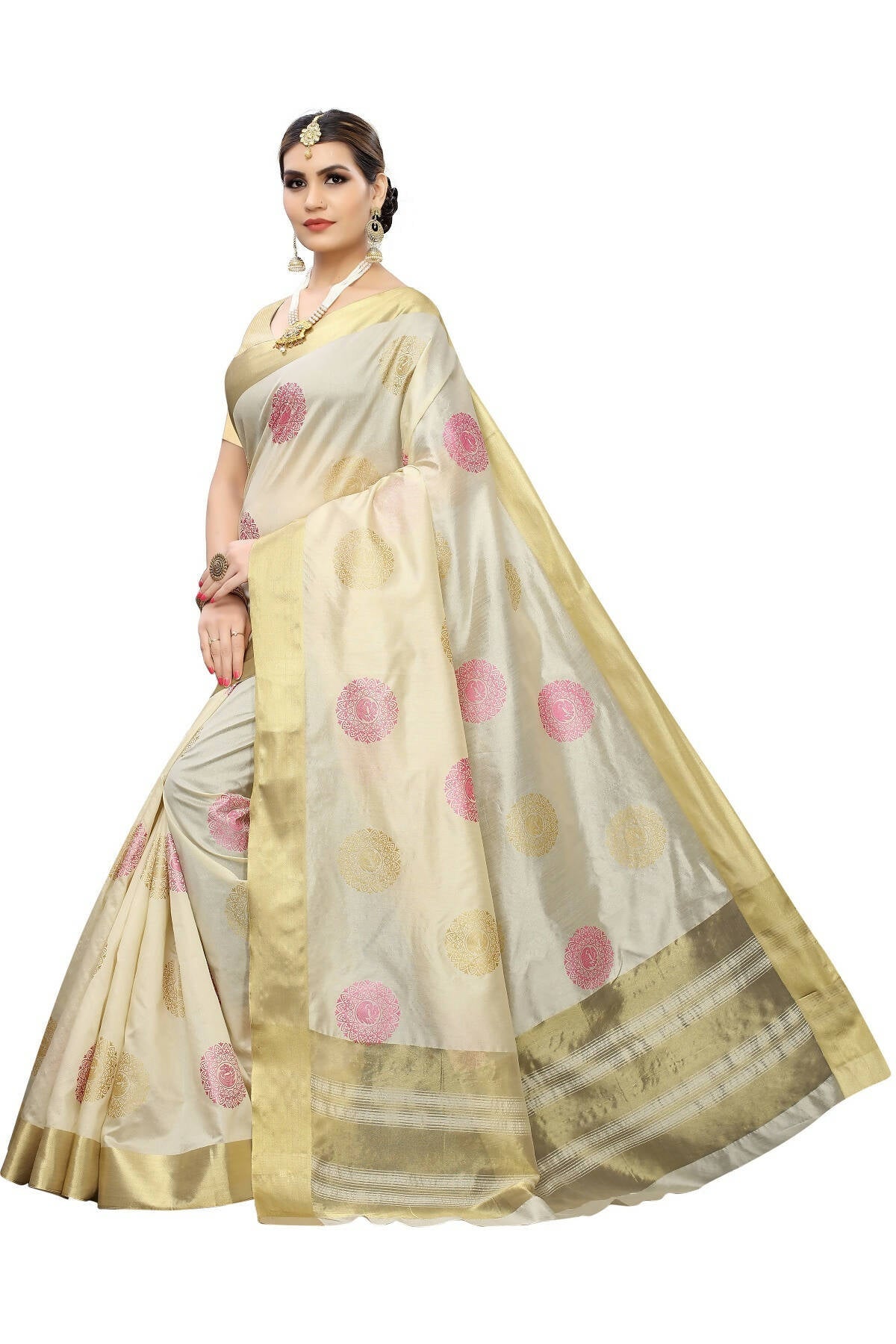 Vamika Cream Weaving Cotton Polyester Silk Grab2Buy (Kerala Bird Pink)  Grab2Buy Vamika Grab2Buy
