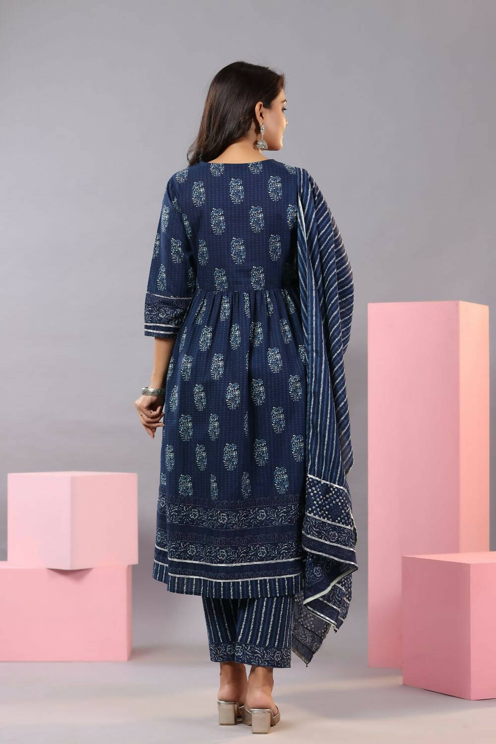 Juniper Women Indigo Cotton Cambric Batik texture Printed Kurta, Pants and Dupatta Set