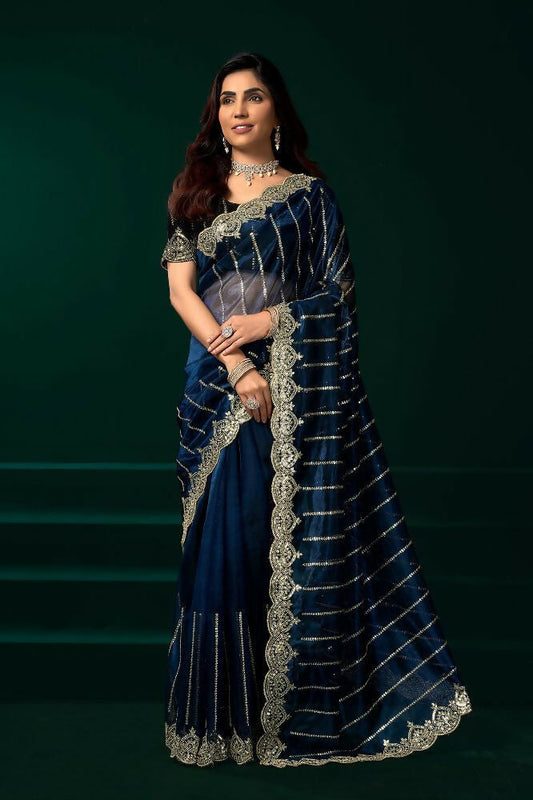 Joban Fashion Navy Blue Net Party Wear Sarees