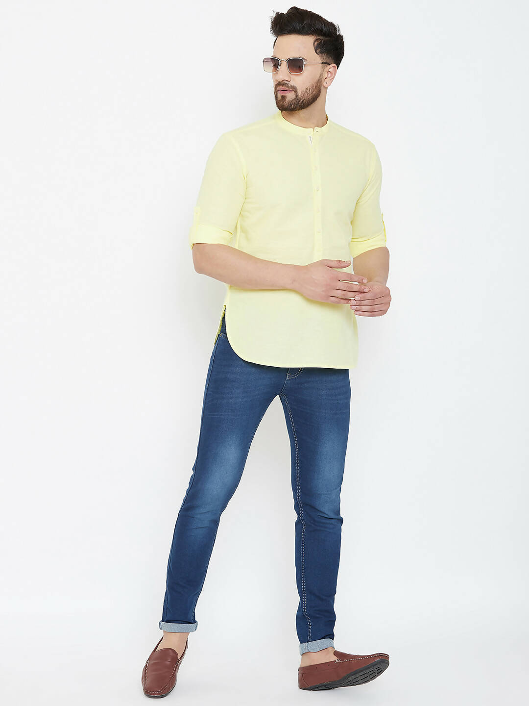 Even Apparels Yellow Color Band Collar Pure Cotton Men's Kurta 