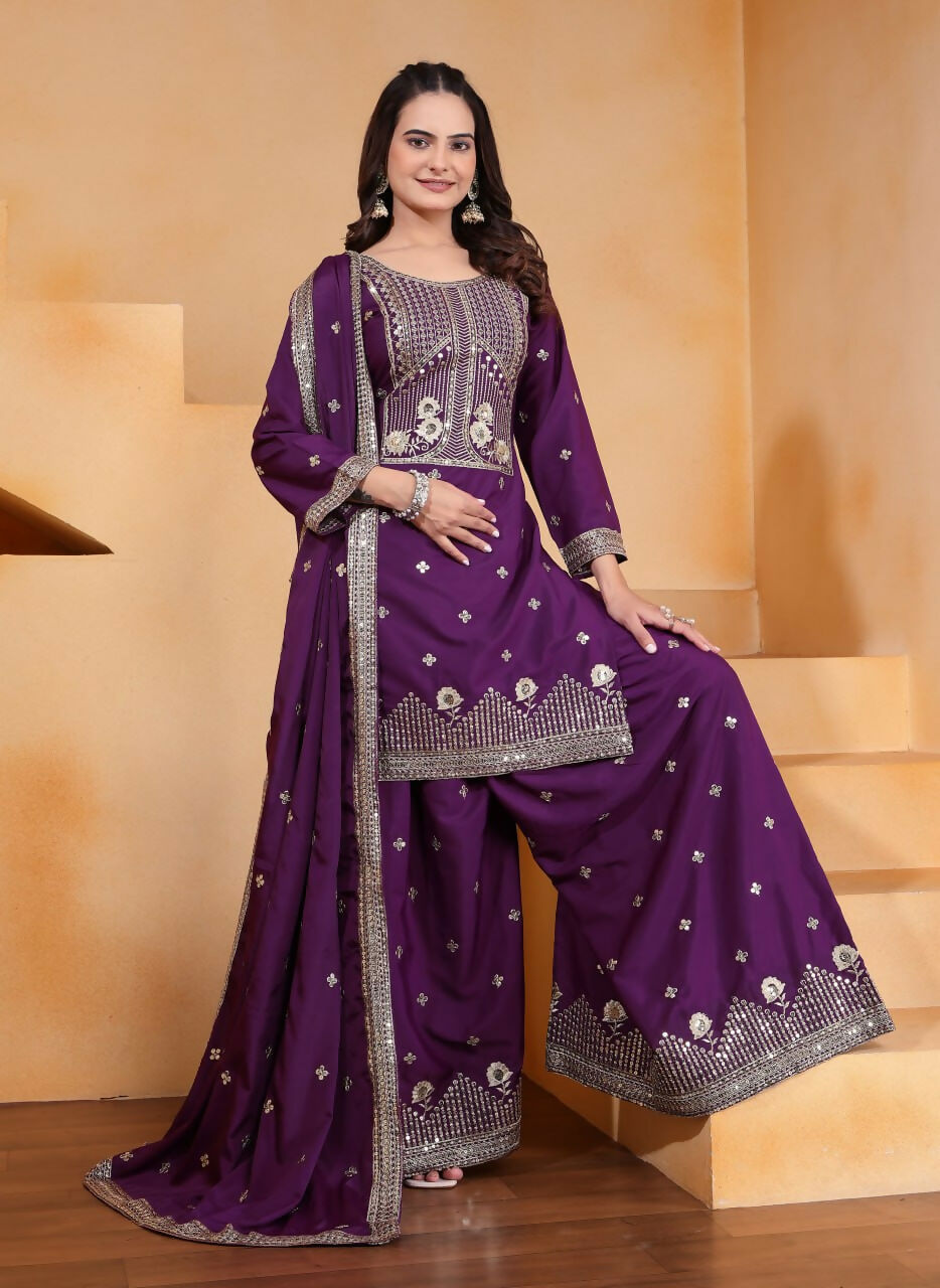 Joban Fashion Wine Crepe Embroidered Sharara Set