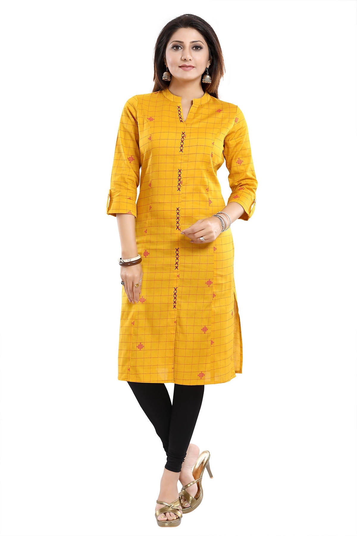 Snehal Creations Checkered Print Yellow Long Cotton Kurti