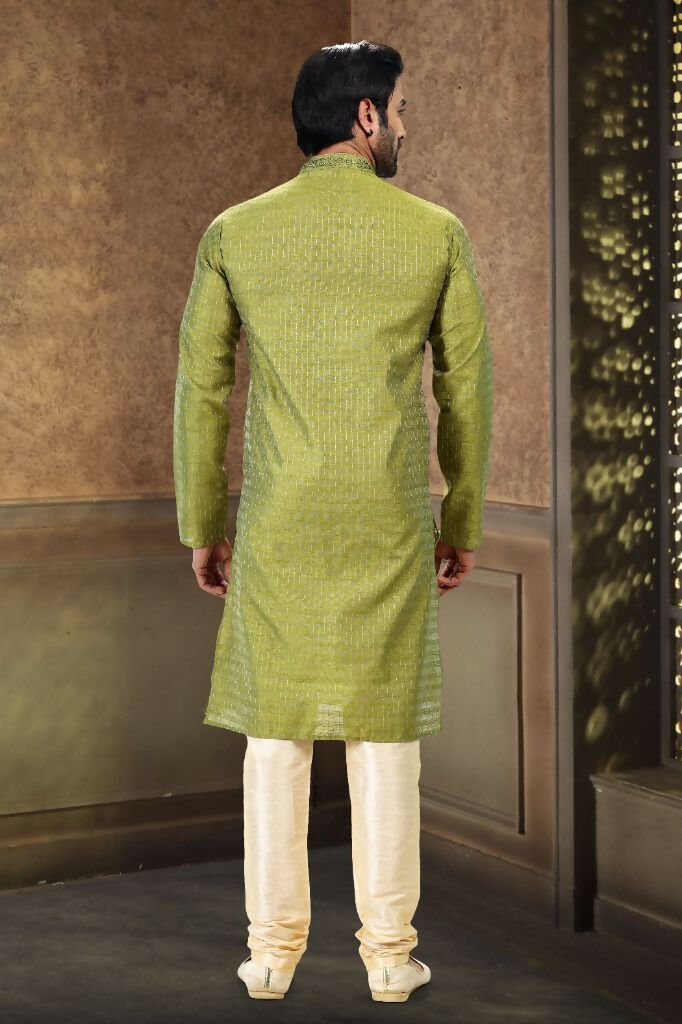 Raivat Ethnic Jacquard Art Silk Mirror and Thread Work Kurta Pajama In Green Colour