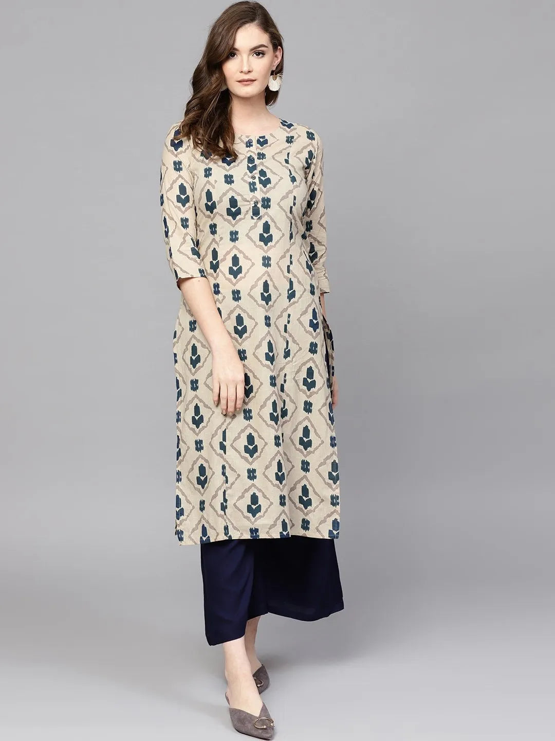 Yufta Beige & Navy Blue Printed Pure Cotton Kurta 