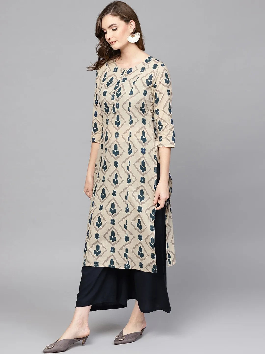 Yufta Beige & Navy Blue Printed Pure Cotton Kurta 
