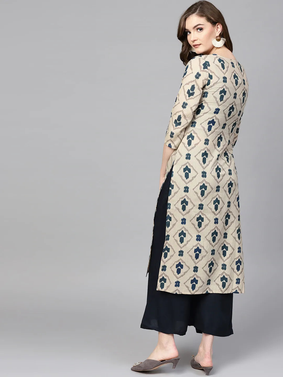 Yufta Beige & Navy Blue Printed Pure Cotton Kurta 