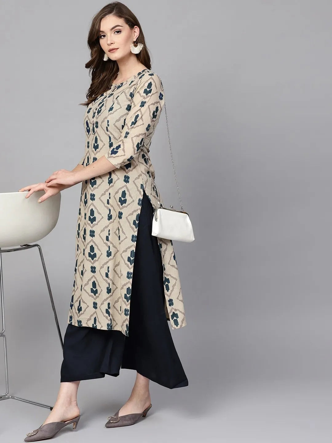 Yufta Beige & Navy Blue Printed Pure Cotton Kurta 