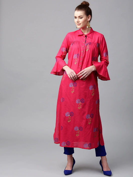 NOZ2TOZ Women Pink & Blue Printed Pathani Kurta - Grab2buy