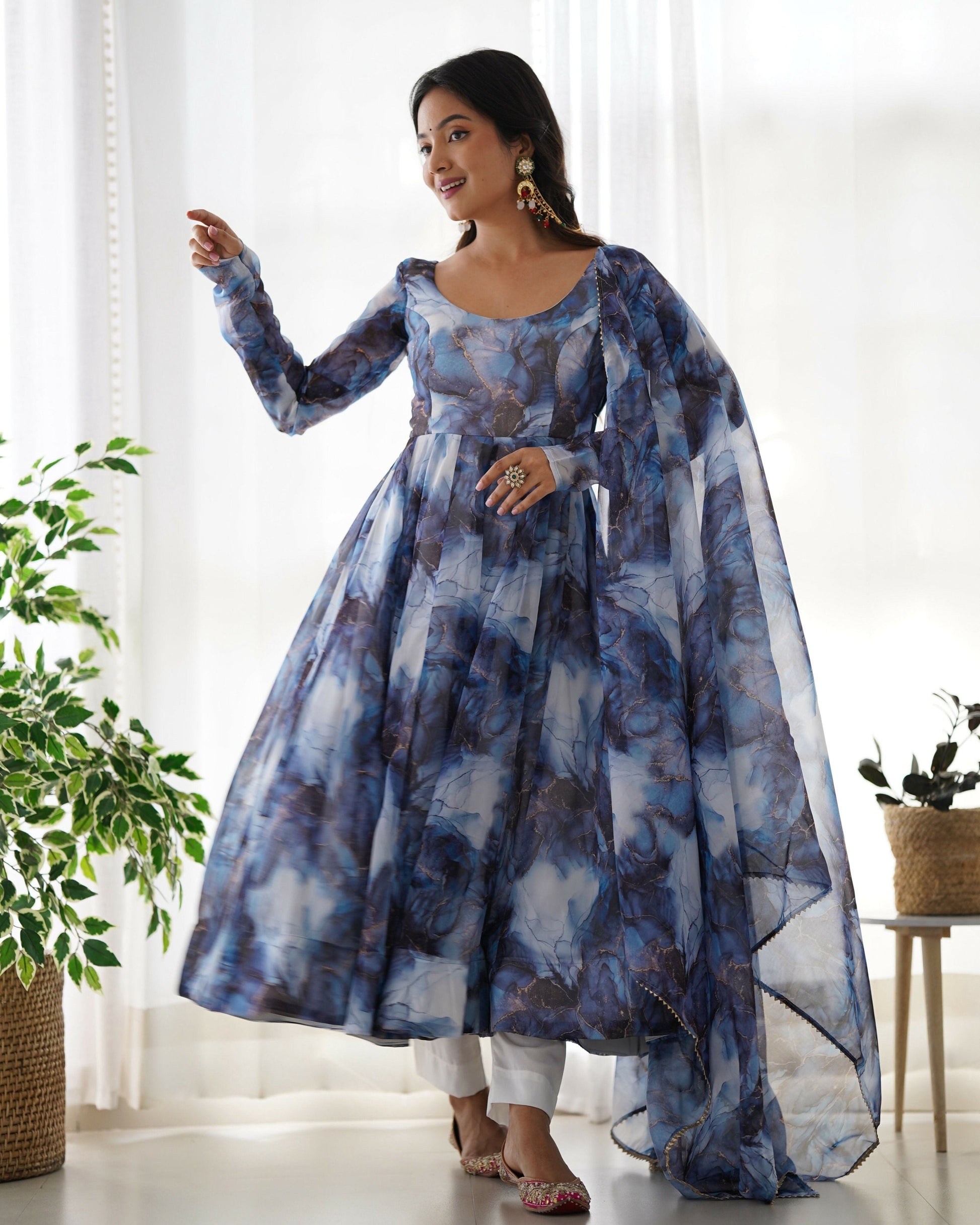 Joban Fashion Navy Blue Kurta Set Organza Sequin Embroidery Work 