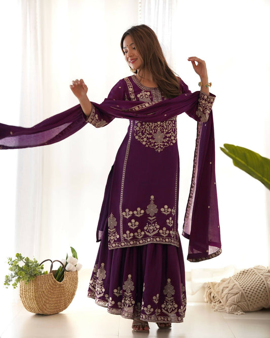 Teeya Creation Purple Color Chinon Silk Embroidery Work Wedding Wear Palazzo Set