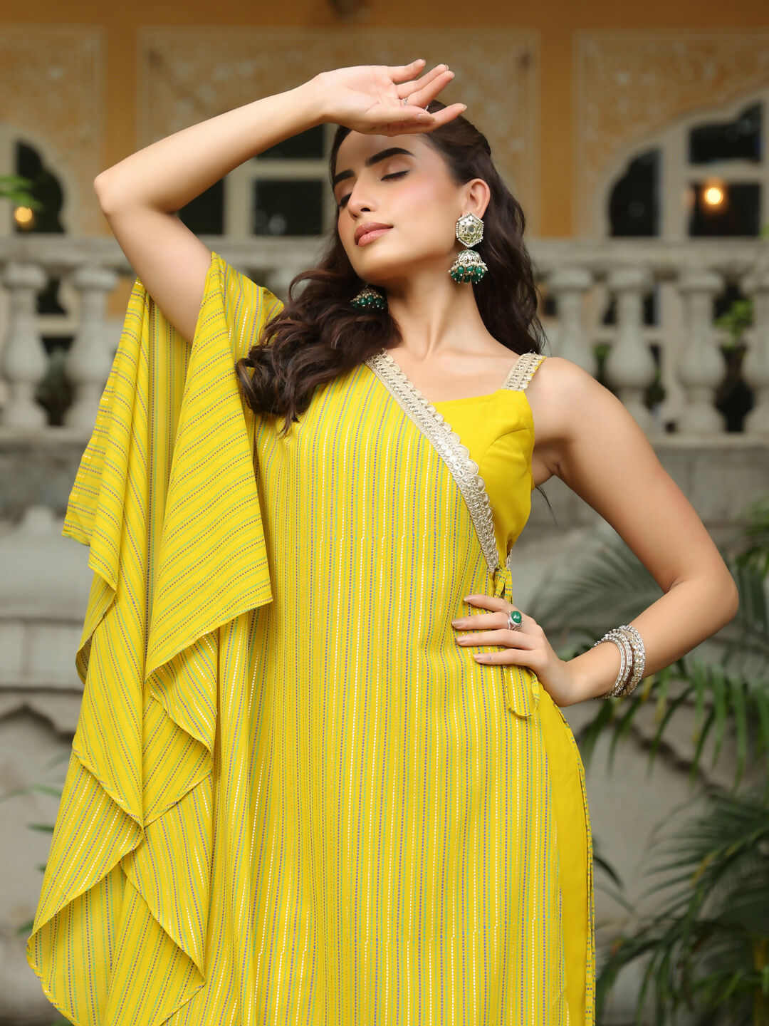 Janasya Yellow Georgette Solid Top Bottom Cape 