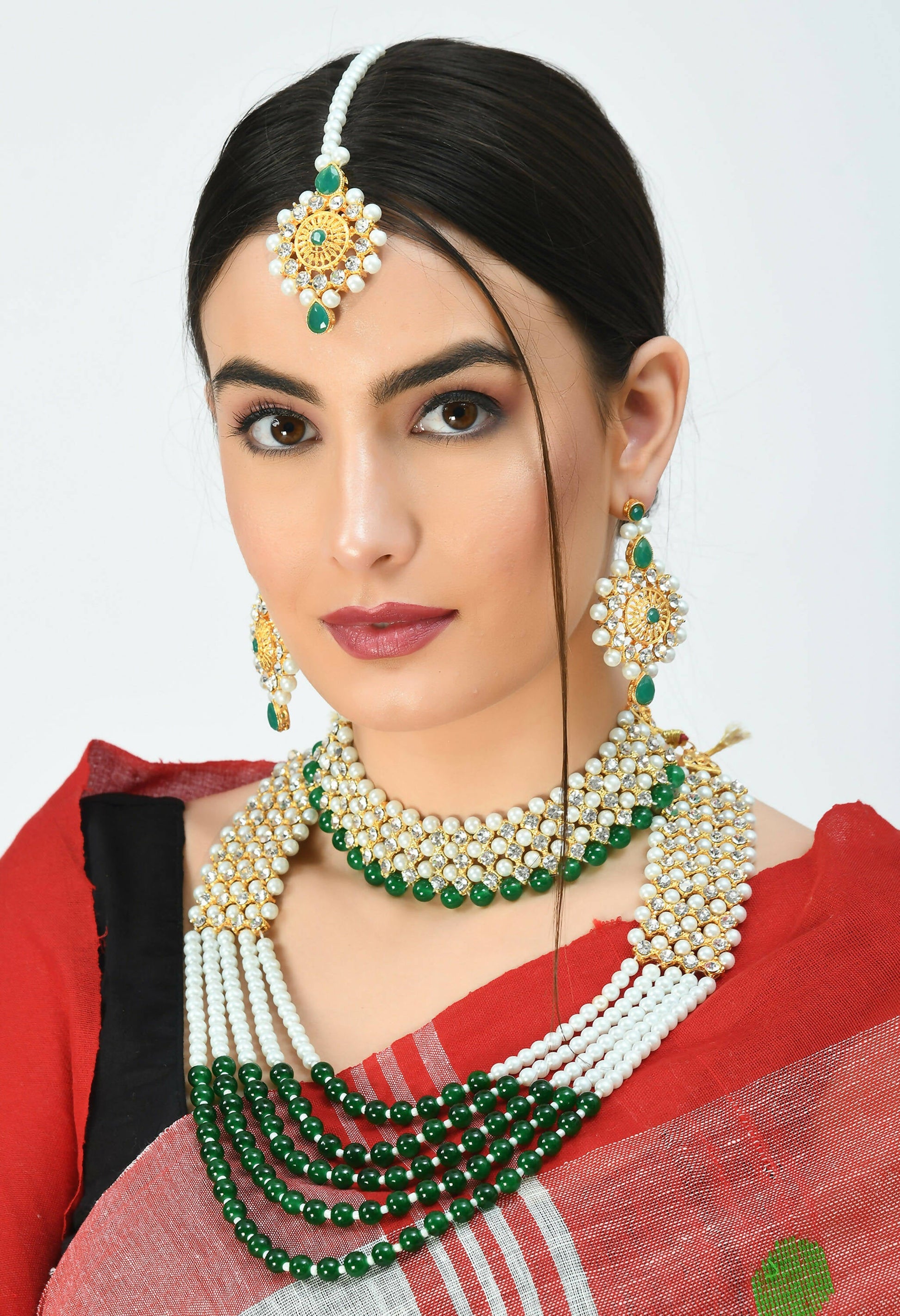 Mominos Fashion Johar Kamal Gold-Plated Rani Haar with Cream Green and Off white Pearls Jewellery Set - Grab2buy