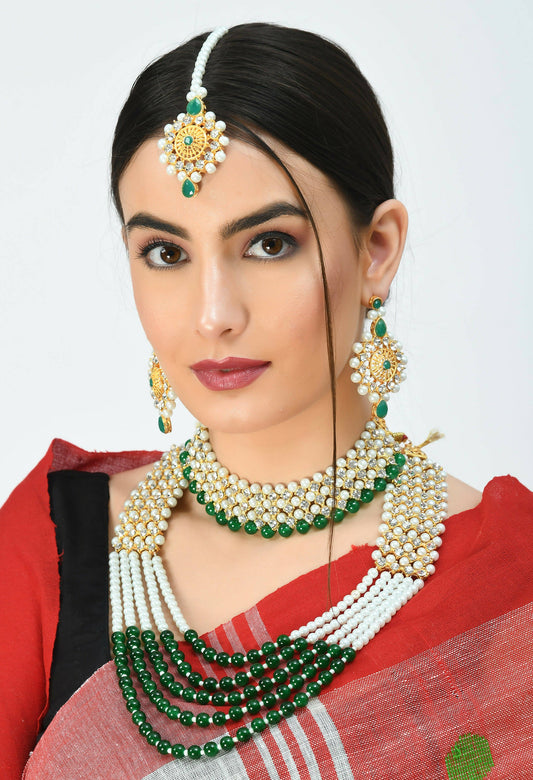 Mominos Fashion Johar Kamal Gold-Plated Rani Haar with Cream Green and Off white Pearls Jewellery Set - Grab2buy