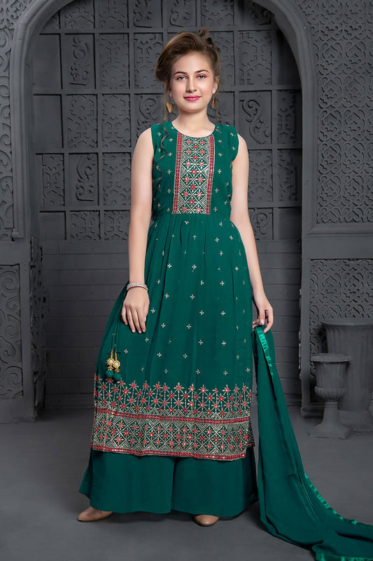 Kids Wedding Designer Green Georgette Naira Cut Salwar Suit - Aaradhna