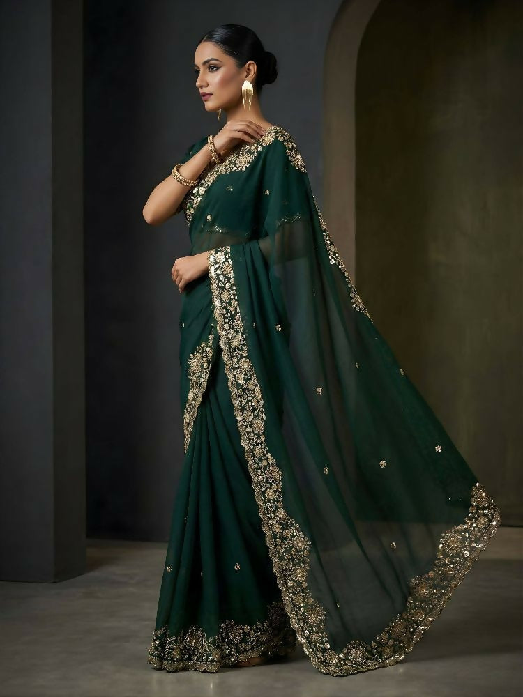 Joban Fashion Green Fandy Satin Silk Party Wear Sarees