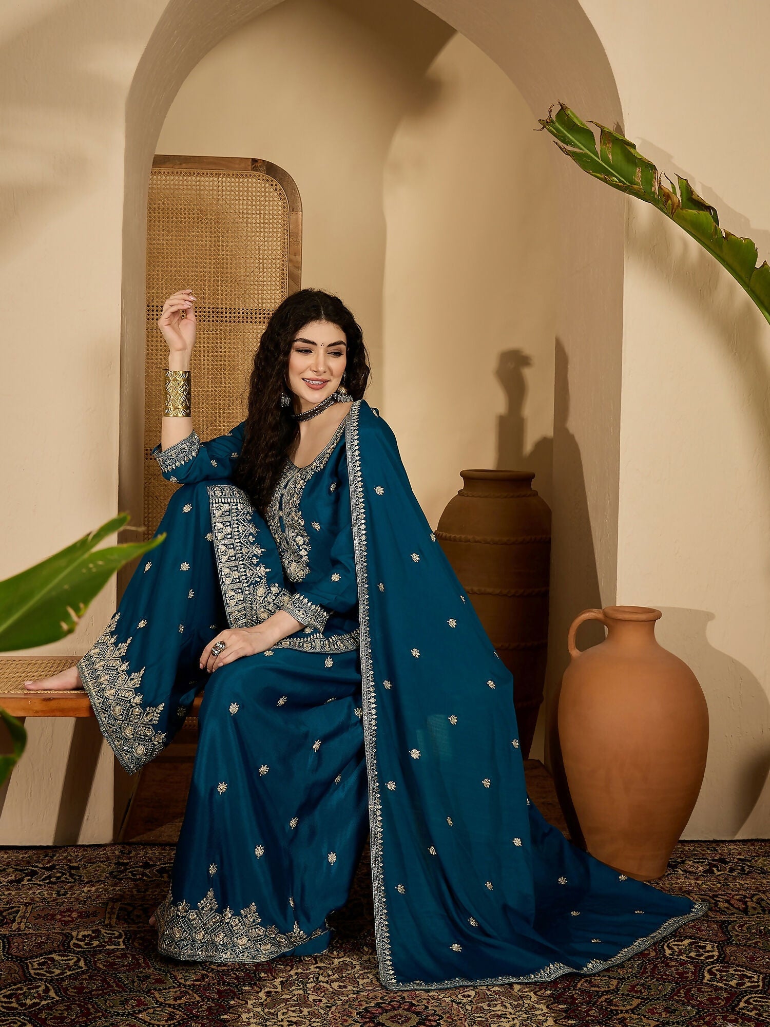 Joban Fashion Embroidery Teal Chinon Silk Kurta Set
