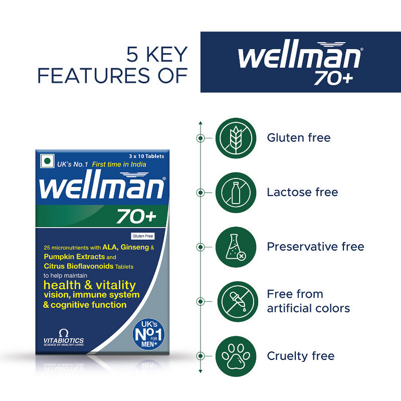 Wellman 70+ UK's No.1 Multivitamin Tablets) For Men Above 70 (Pumpkin Seed Bioflavonoids, Ginseng & More 