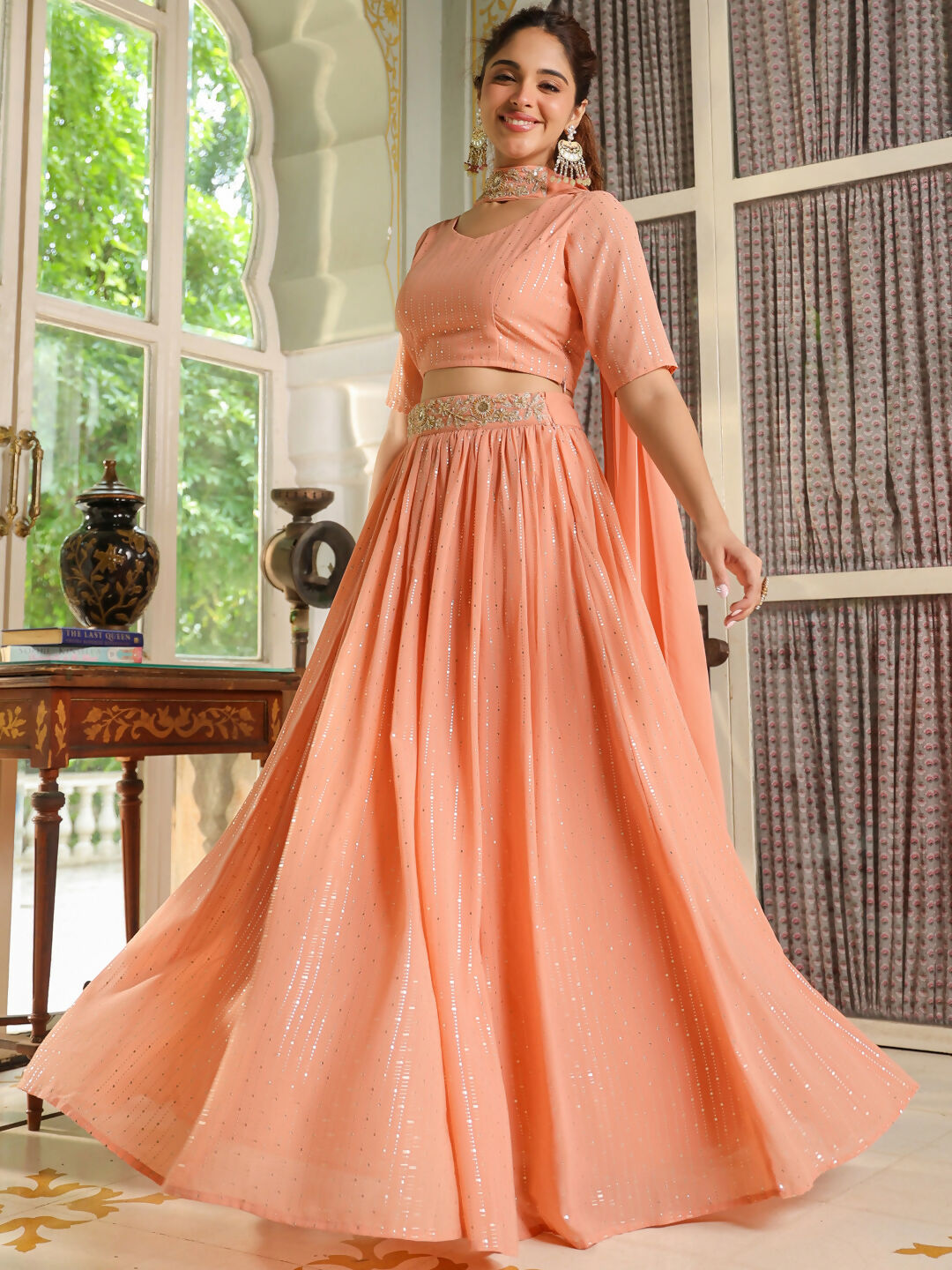 Janasya Peach Georgette Foil Print Lehenga Choli Dupatta 