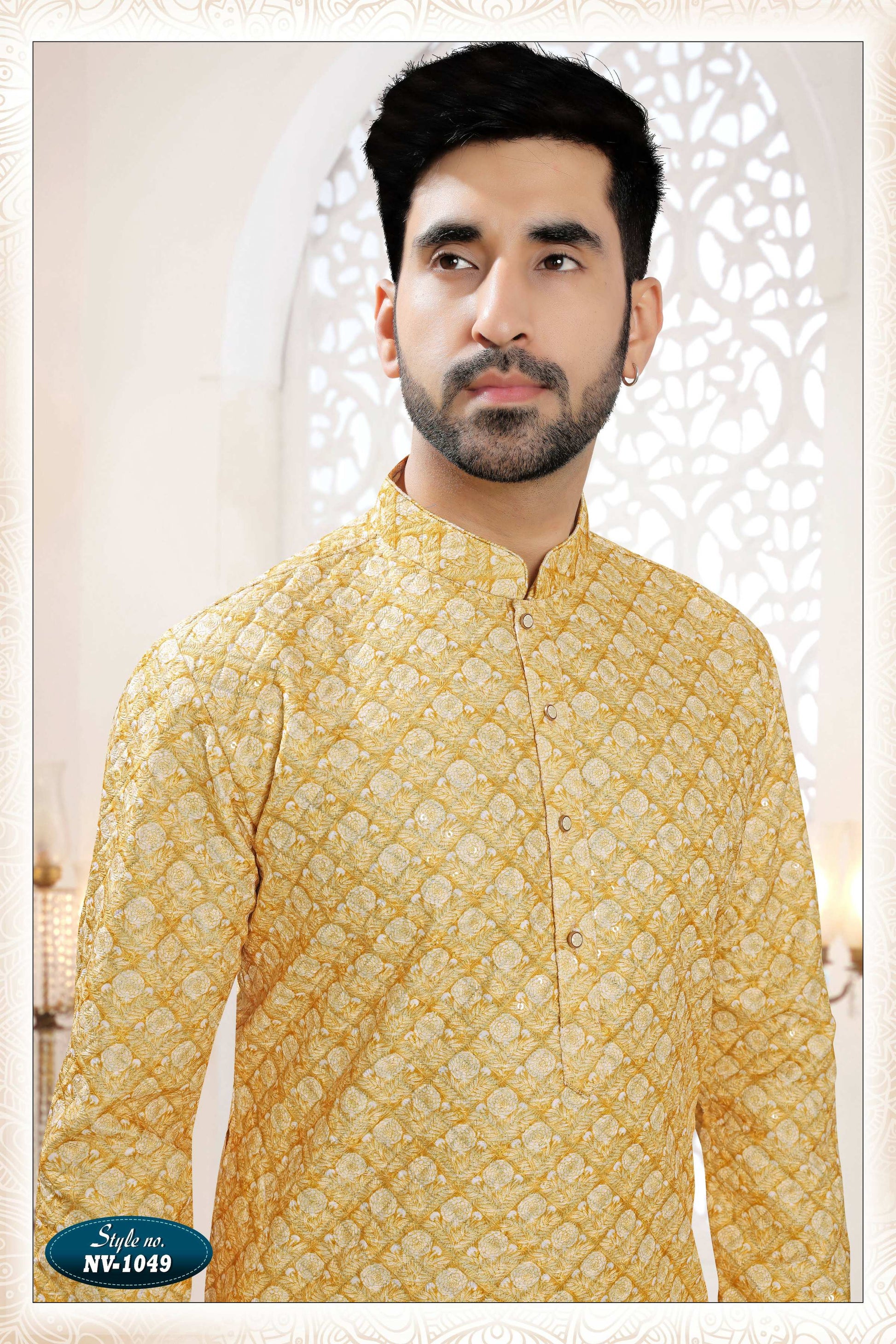 Joban Fashion Men's Yellow Straight Silk Thread Embroidery All Over Kurta Set