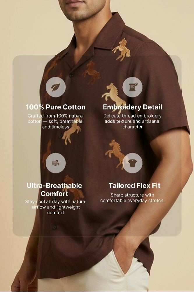 Galloping — Brown Horse Embroidered Cotton Shirt by Hilo Design