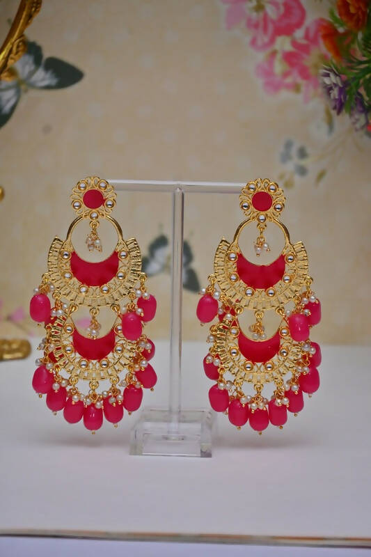 Meenakari Work Gold Plated 2 Layered Beaded Red Chandbali Earrings with Kundan and Pearl Work By House of Ree - Grab2buy