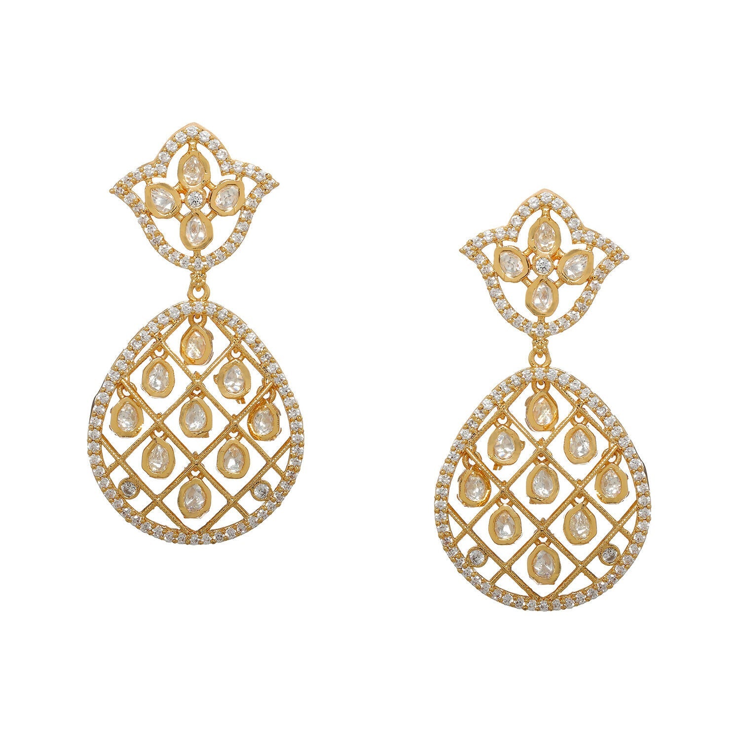 Jhallar Kundan and Diamond Dangler Earrings (Gold) - Ruby Raang - Grab2buy