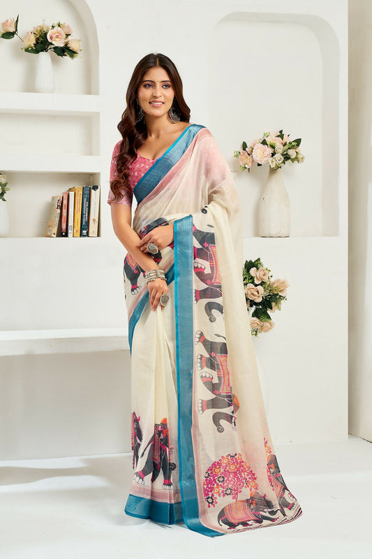 Vastranavya Cream Digital Printed Linen Ready To Wear Designer Grab2Buy with Unstitched Blouse  Grab2Buy Vastranavya Grab2Buy