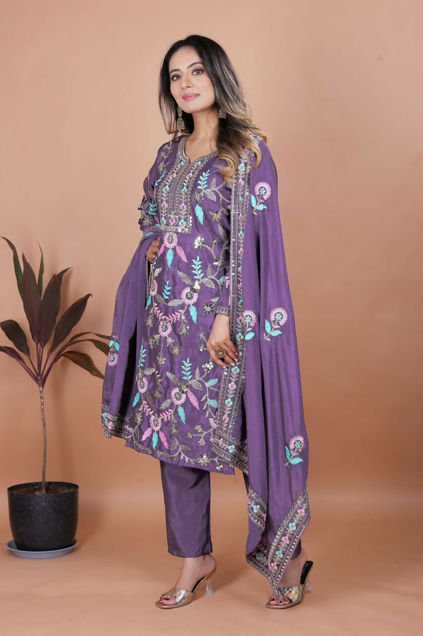 Joban Fashion Purple Silk Embroidered Kurti Set