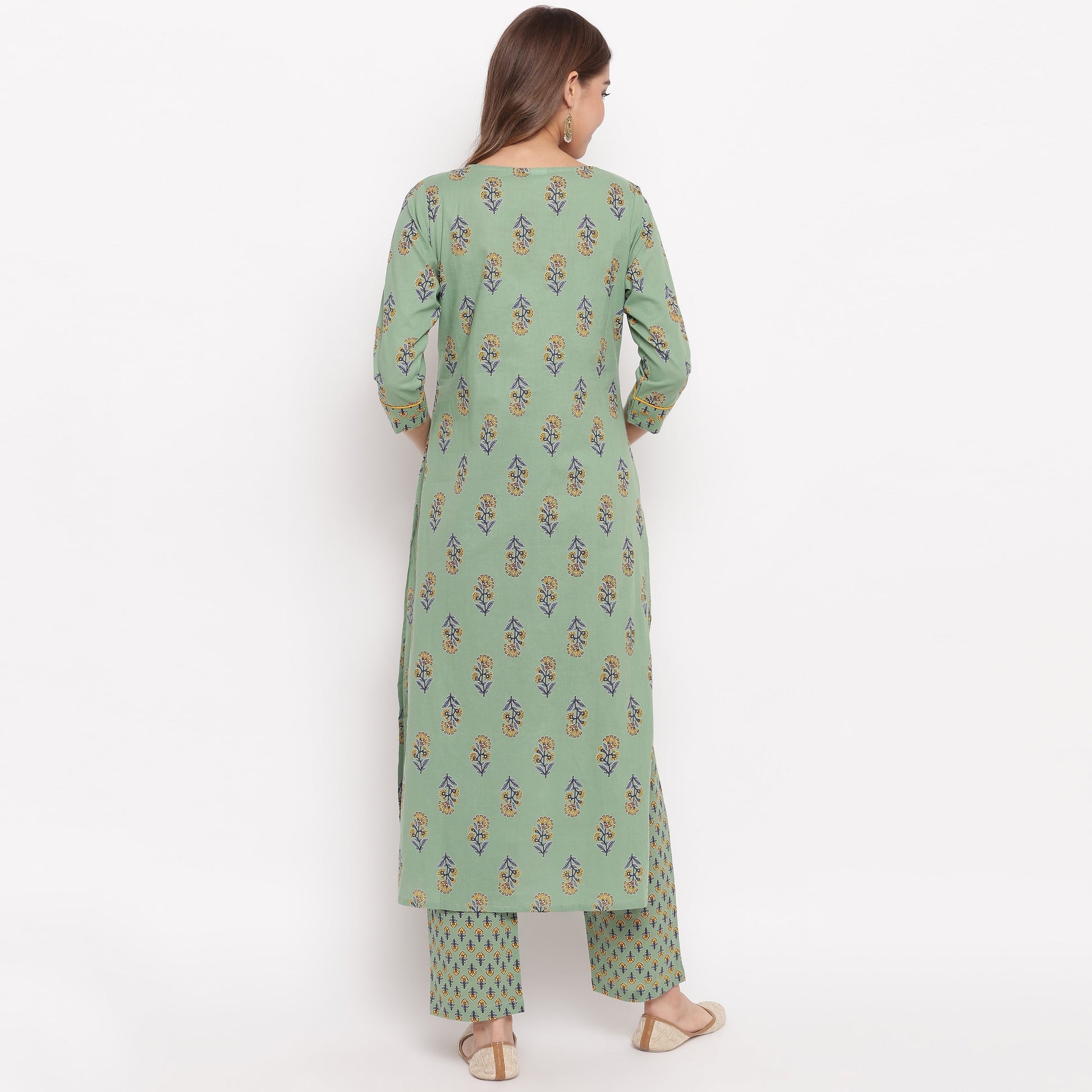 NOZ2TOZ Women's Floral Print Straight Cotton Pista Kurta With Palazzo 