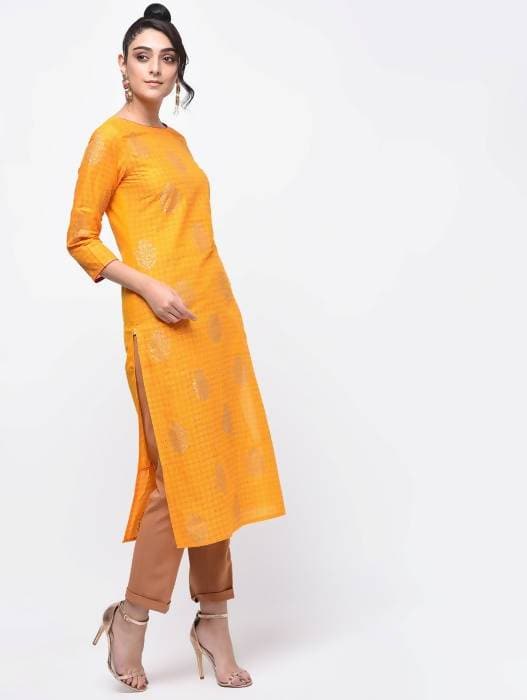 Aniyah Cotton Block Printed Yellow Straight Kurta (AN-137K) 