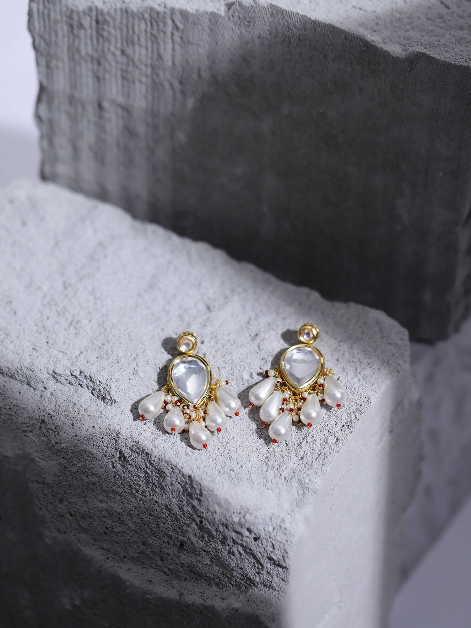 Gold-Toned White Kundan Contemporary Gold-Plated Drop Earrings - Ruby Raang - Grab2buy