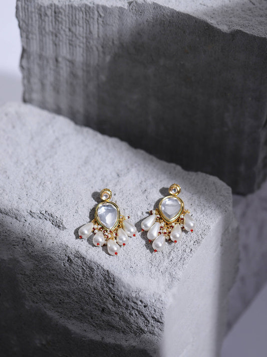 Gold-Toned White Kundan Contemporary Gold-Plated Drop Earrings - Ruby Raang - Grab2buy