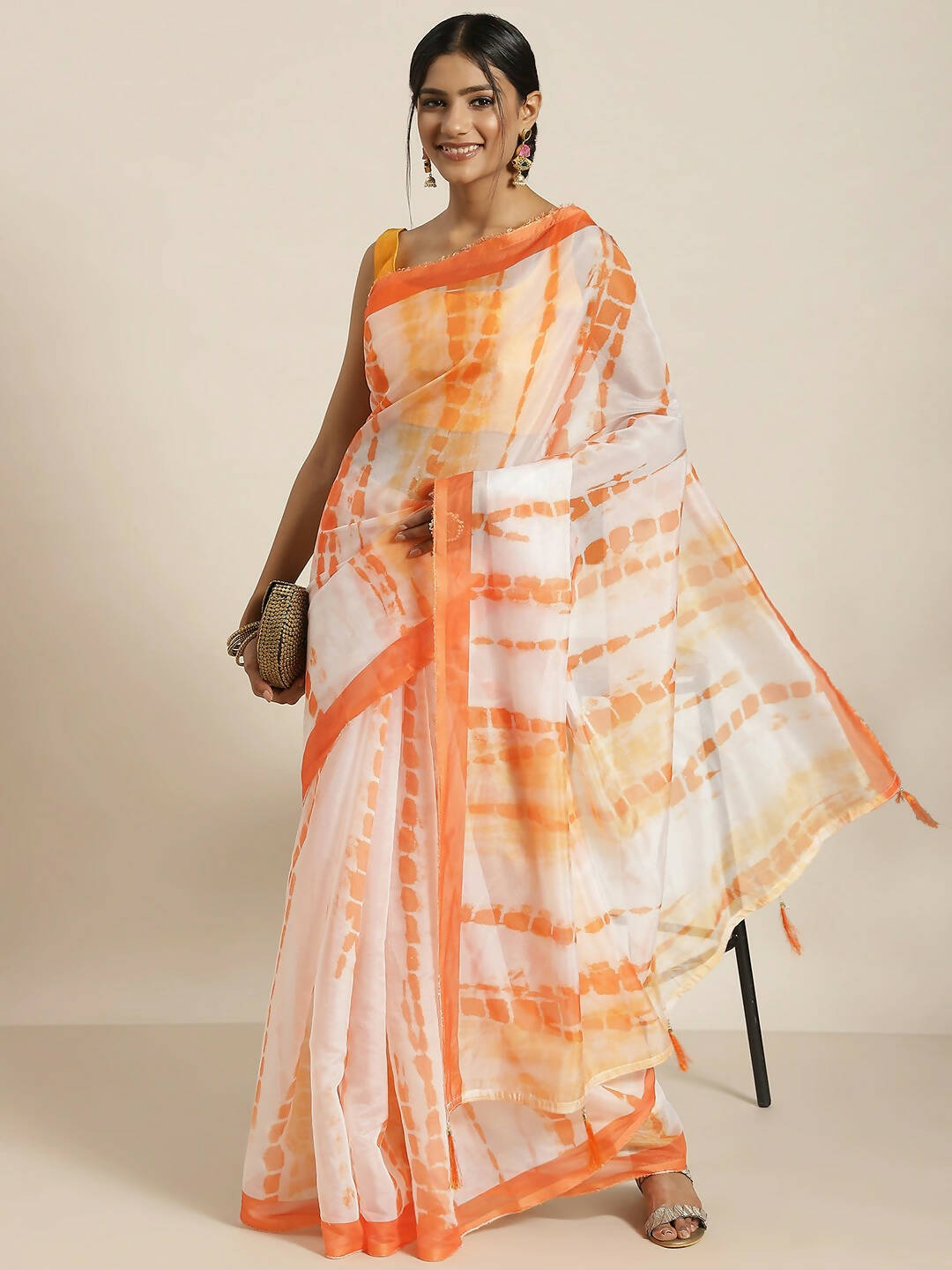 Orange Organza Printed Saree With Blouse Piece - Nivaa