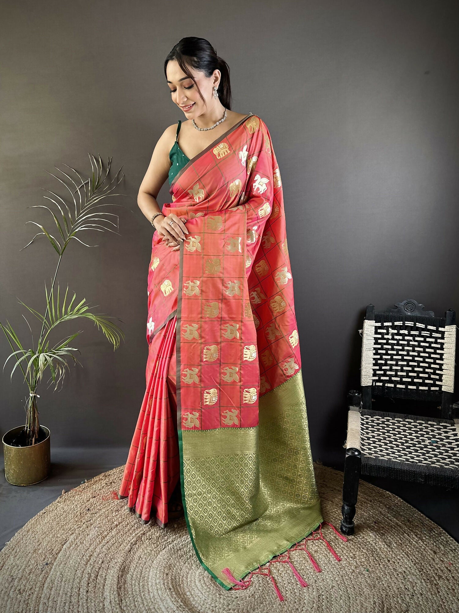 Joban Fashion Orange Elephant Motif Soft Silk Banarasi silk Saree