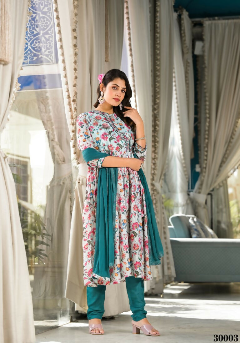 Designer Stylish Mid Night Blue Rubi Silk Stitched Suit With Dupatta - Kiyara