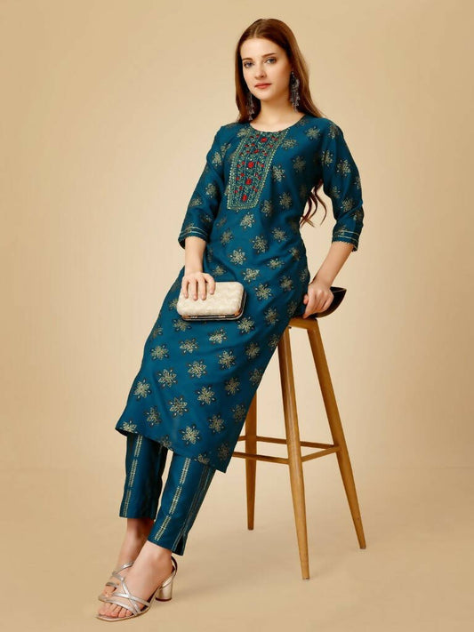 Aastha Fashion Women's Navy Blue Viscose Rayon Embroidered Kurta Pant Set - Grab2buy