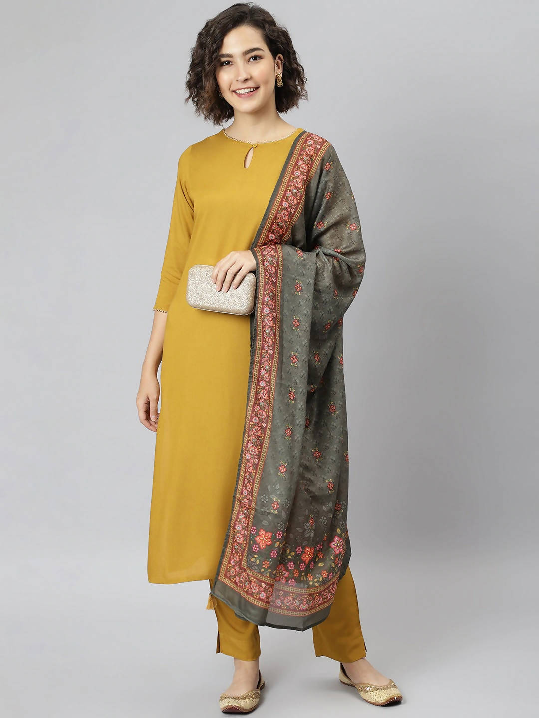 Janasya Women Mustard Yellow Regular Gotta Patti Kurta with Trousers & With Dupatta