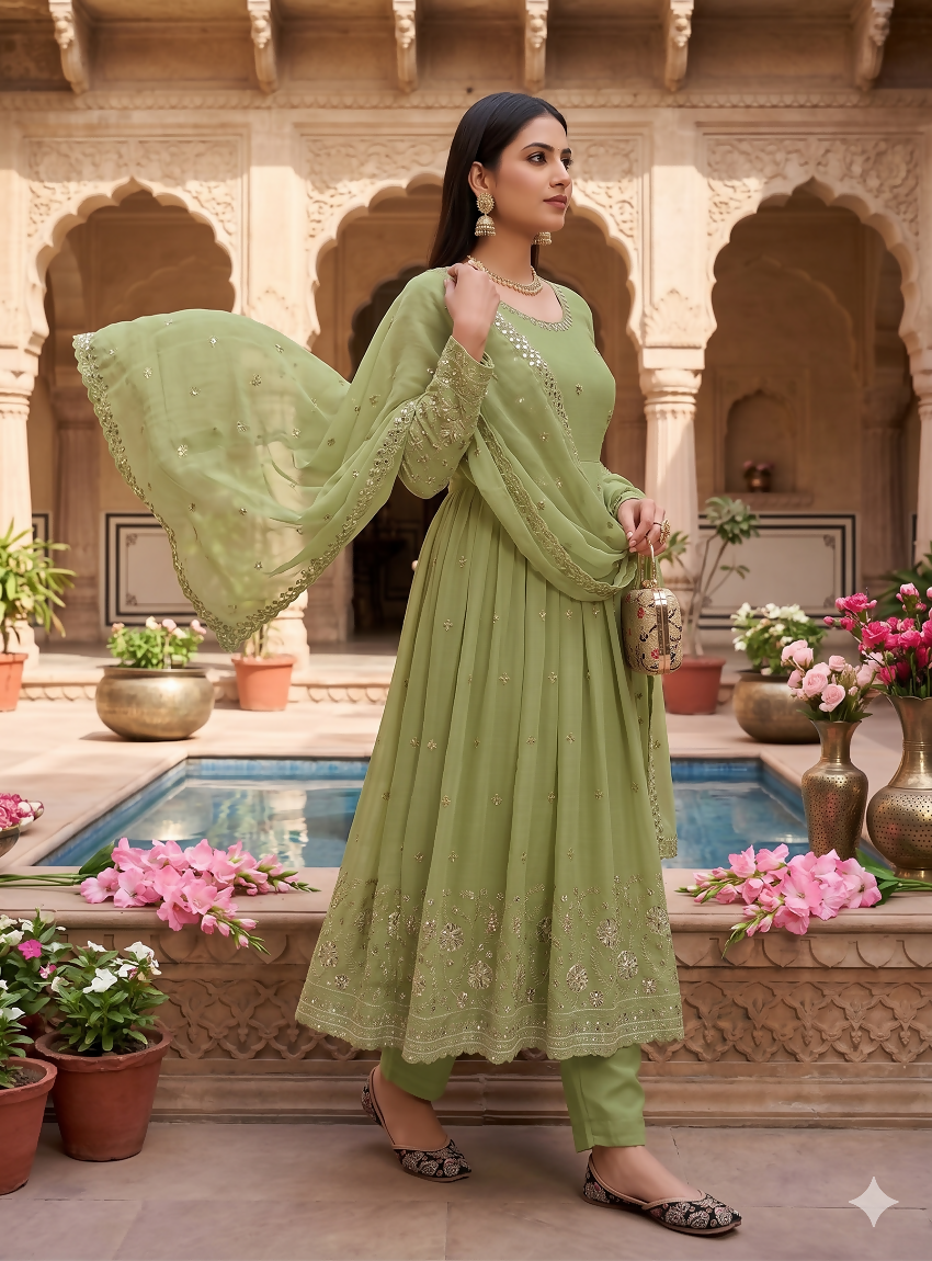 Teeya Creation Elegant Pista Green Embroidered Anarkali Kurta Set With Mirror Work Dupatta