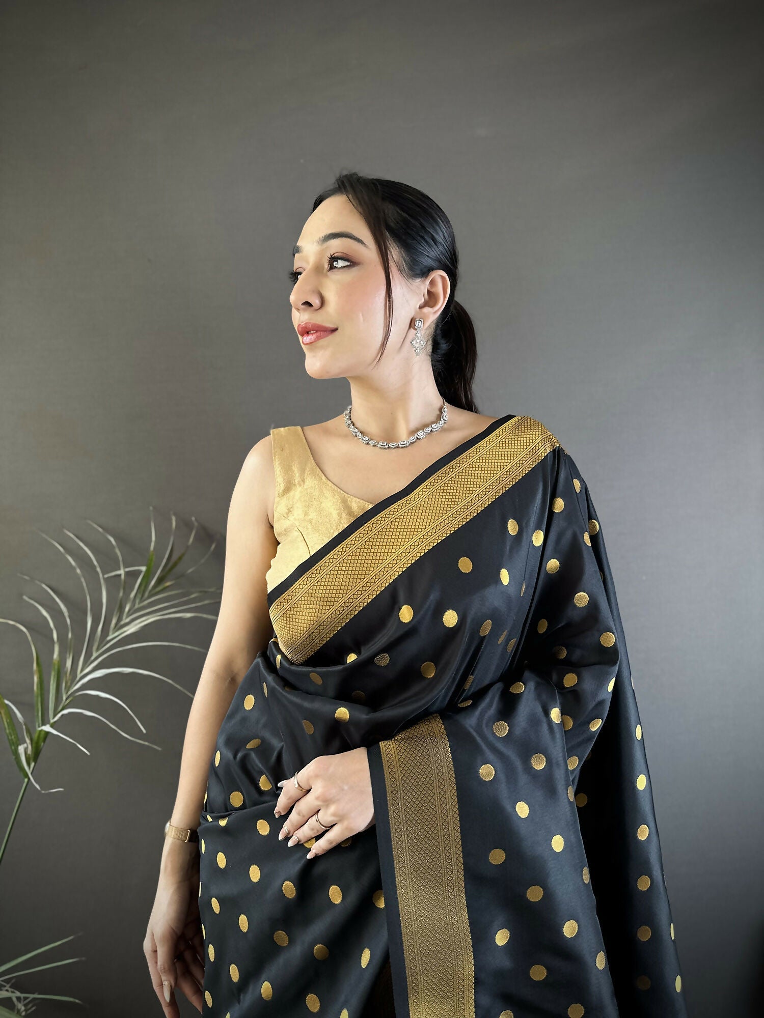 Joban Fashion Black Polka Dot Lichi Silk Paithani Silk Saree