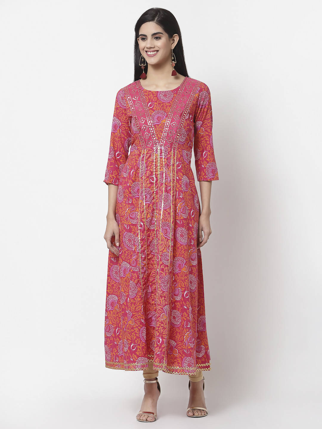 Myshka Women's Pure Red Color Cotton Round Neck Printed 3/4 Sleeve Dress