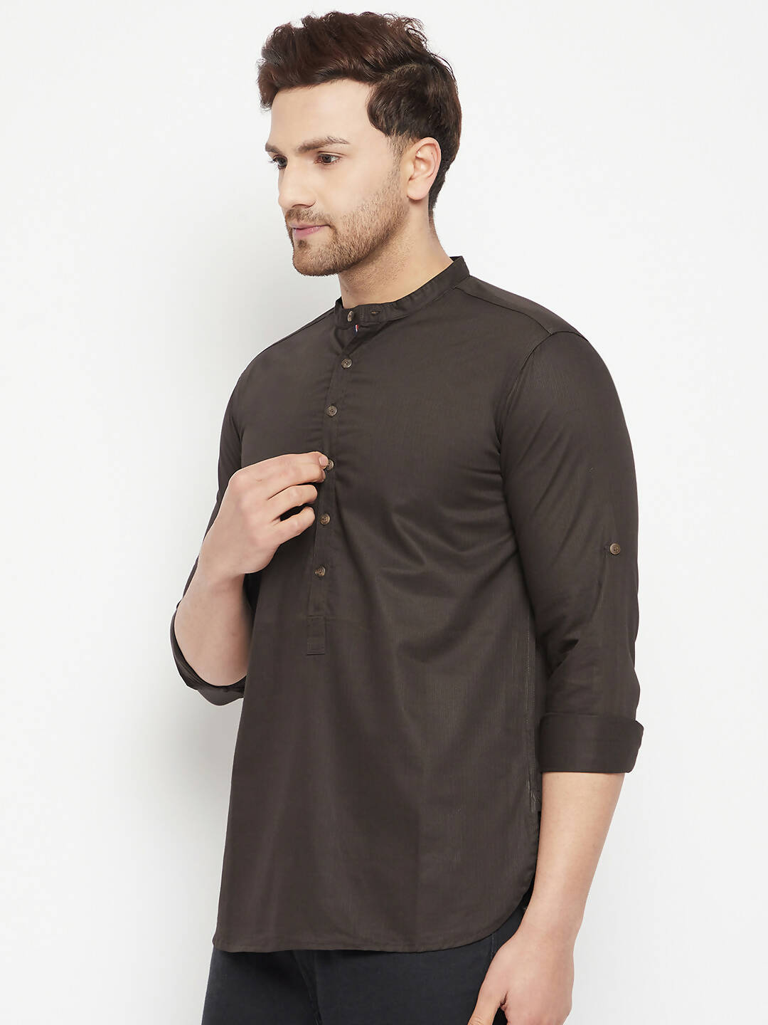 Even Apparels Brown Pure Cotton short Men's Kurta With Band Collar 